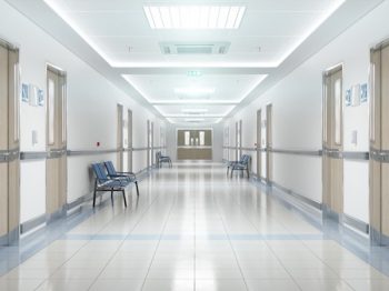 Long Hospital Bright Corridor With Rooms And Seats 3d Rendering