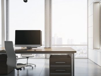 Contemporary Concrete And Wooden Office Interior With Decorative Wall, Furniture, Panoramic Windows, City View And Daylight. Mock Up, 3d Rendering.